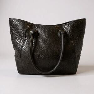 Cole Haan Black Woven Leather Tote Bag with Tassel Accent